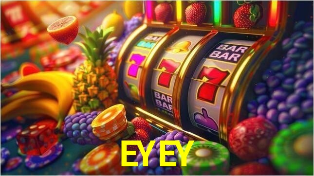 Escena dinámica inspirada en casino con iluminación EYEY, cartas, fichas e íconos de juegos digitales en un espacio moderno de juegos.